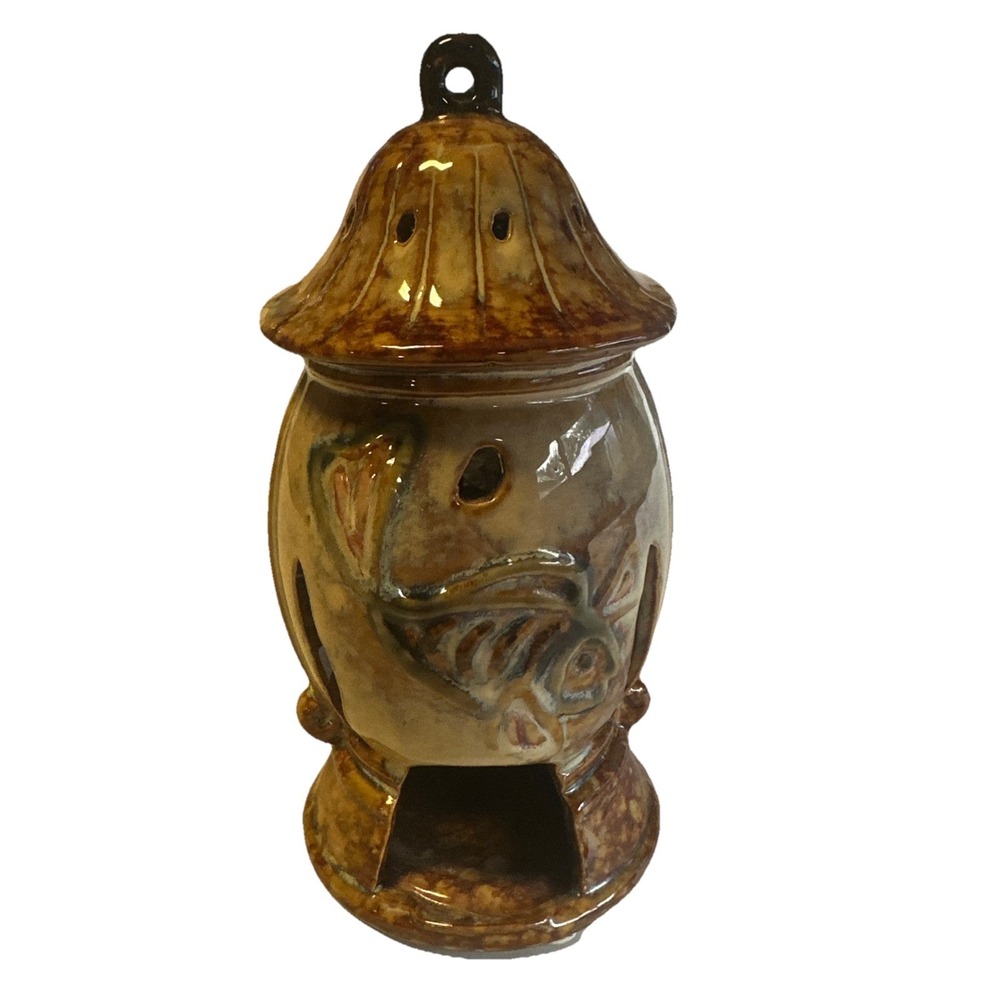 Fish Hanging Candle Lamp Lantern Glazed Earth tones 7"